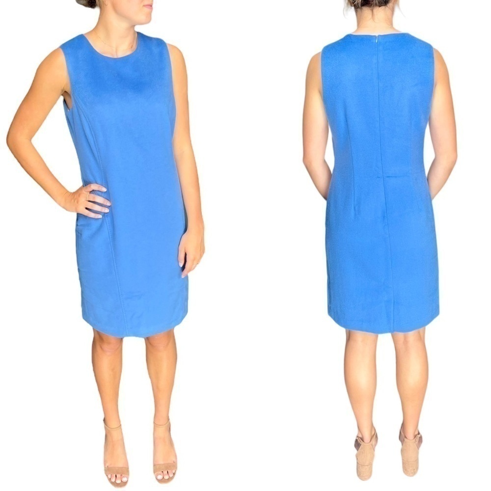 J. MCLAUGHLIN BLUE WOOL CASHMERE SLEEVELESS VISIBLE STITCH SHEATH DRESS
